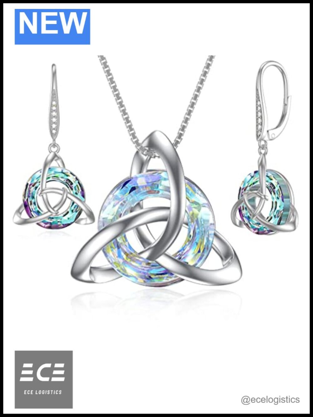 Sterling Silver Celtic Knot Necklace and Earrings Set with Crystal